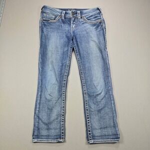 Silver Jeans Co Suki Mid Capri Womens Jeans W28 Blue Denim Embellished Pockets